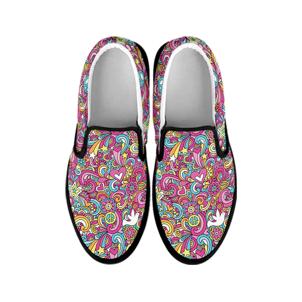 Groovy Girly Peace Pattern Print Black Slip On Shoes