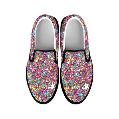 Groovy Girly Peace Pattern Print Black Slip On Shoes