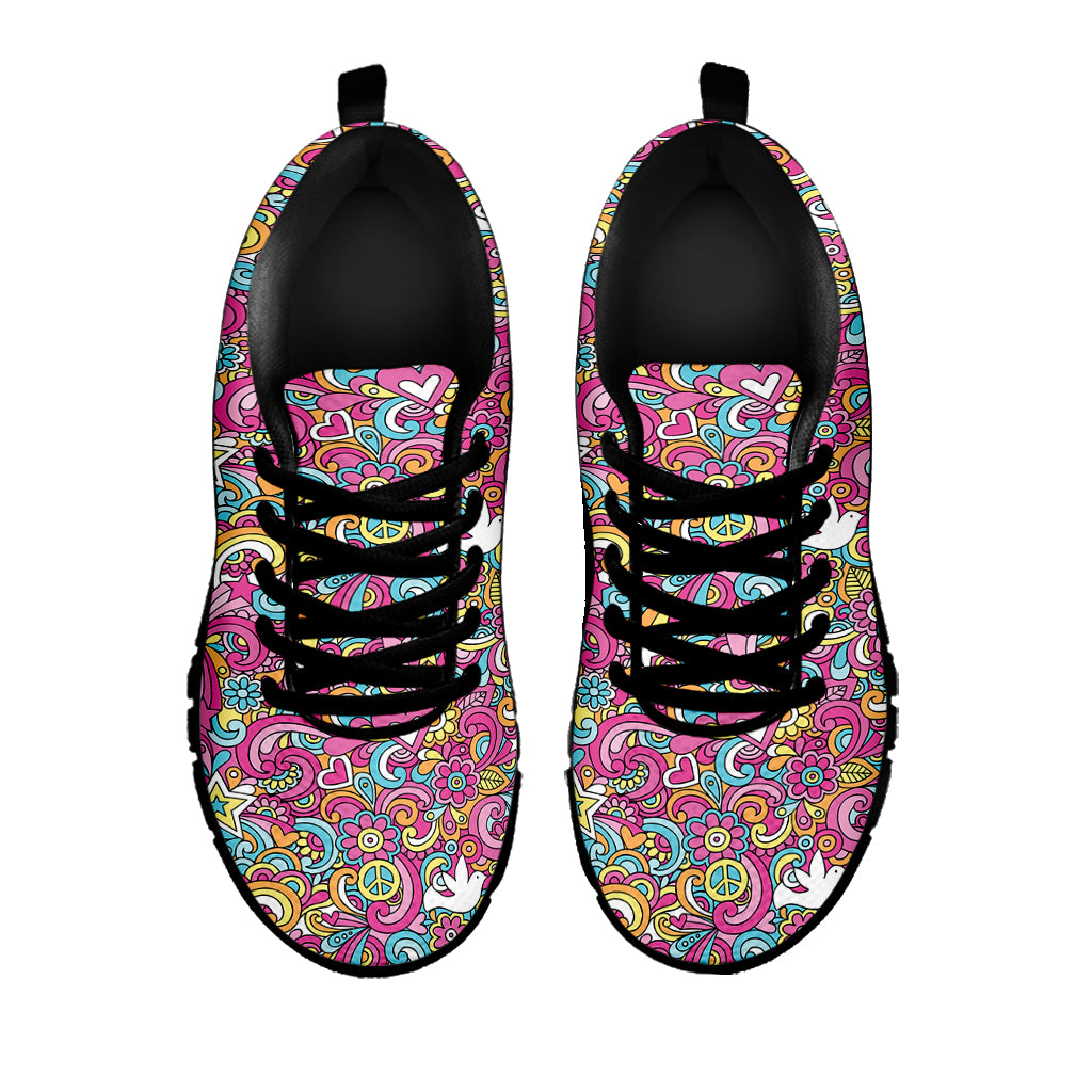 Groovy Girly Peace Pattern Print Black Sneakers
