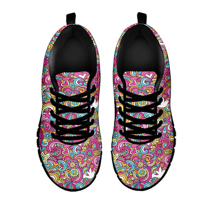 Groovy Girly Peace Pattern Print Black Sneakers