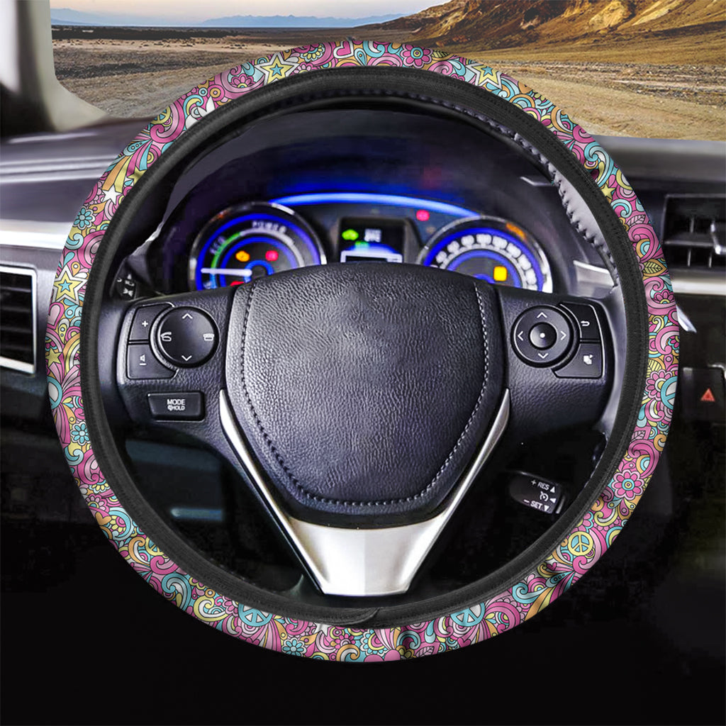 Groovy Girly Peace Pattern Print Car Steering Wheel Cover