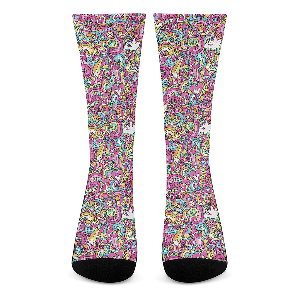 Groovy Girly Peace Pattern Print Crew Socks