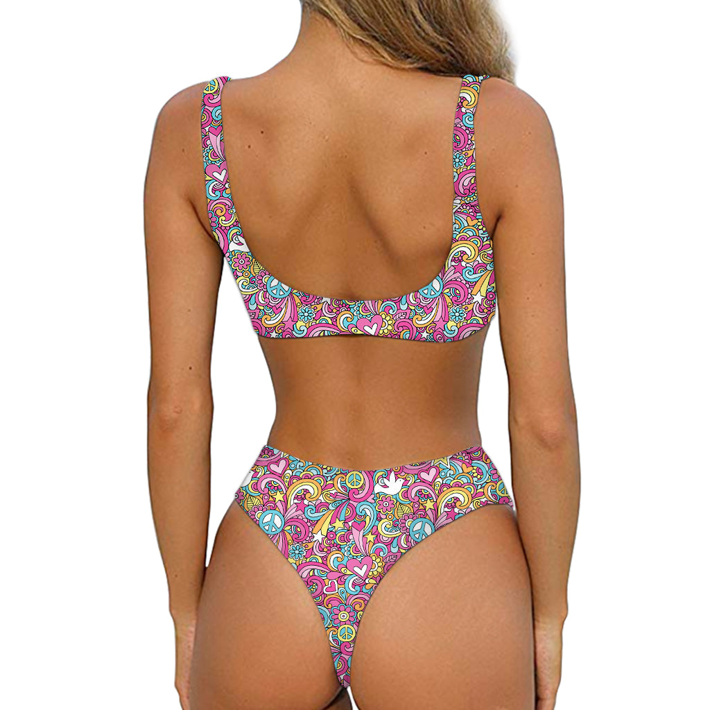 Groovy Girly Peace Pattern Print Front Bow Tie Bikini