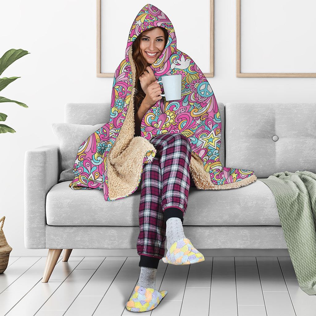 Groovy Girly Peace Pattern Print Hooded Blanket