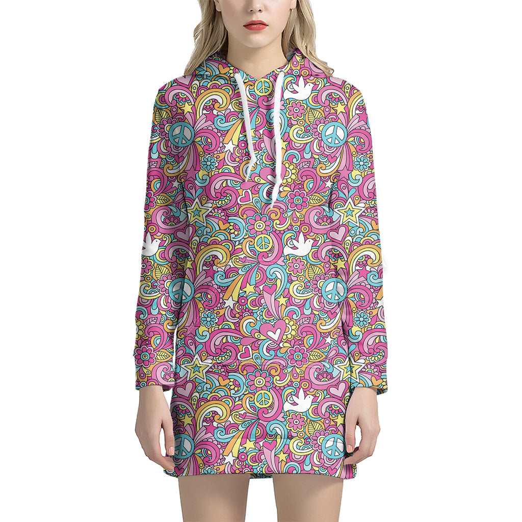 Groovy Girly Peace Pattern Print Hoodie Dress