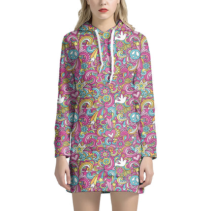 Groovy Girly Peace Pattern Print Hoodie Dress