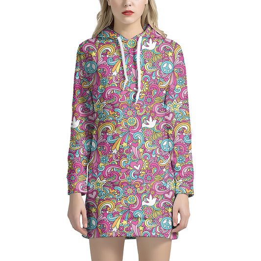 Groovy Girly Peace Pattern Print Hoodie Dress