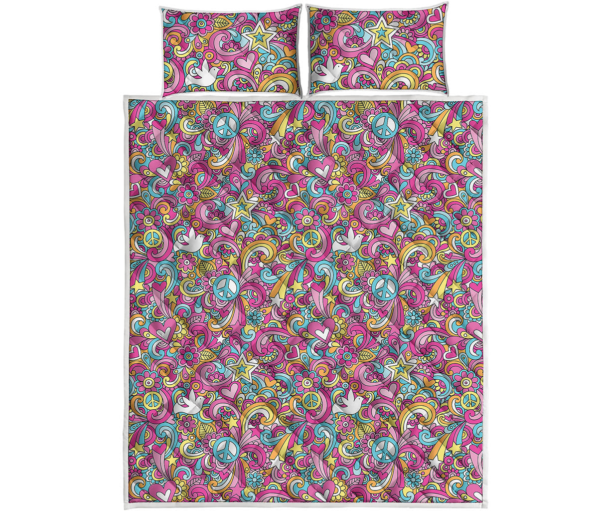 Groovy Girly Peace Pattern Print Quilt Bed Set