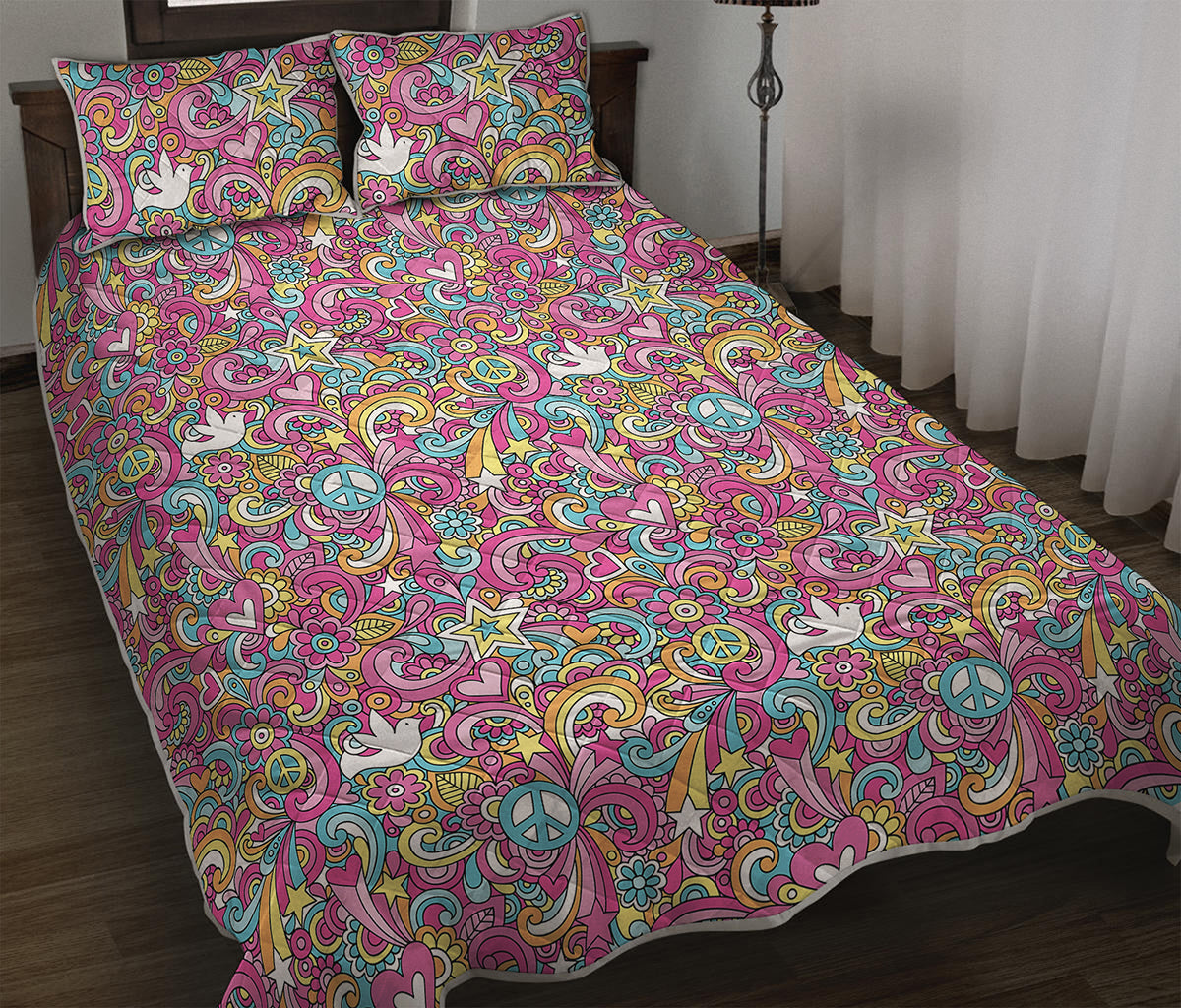 Groovy Girly Peace Pattern Print Quilt Bed Set
