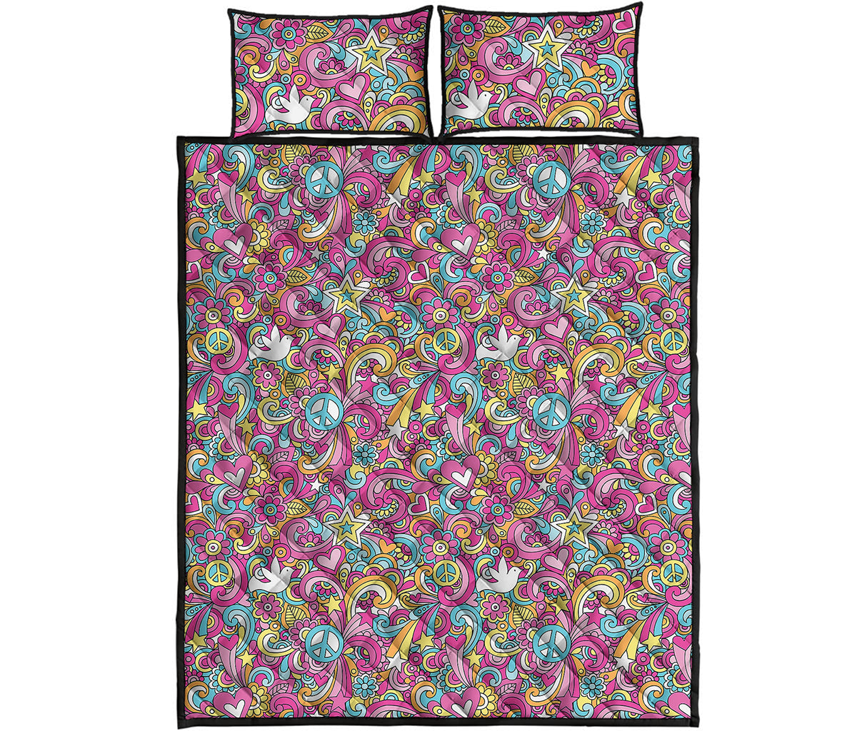 Groovy Girly Peace Pattern Print Quilt Bed Set