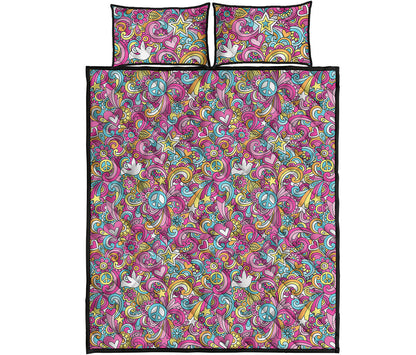 Groovy Girly Peace Pattern Print Quilt Bed Set