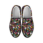 Groovy Hippie Peace Pattern Print Black Slip On Shoes
