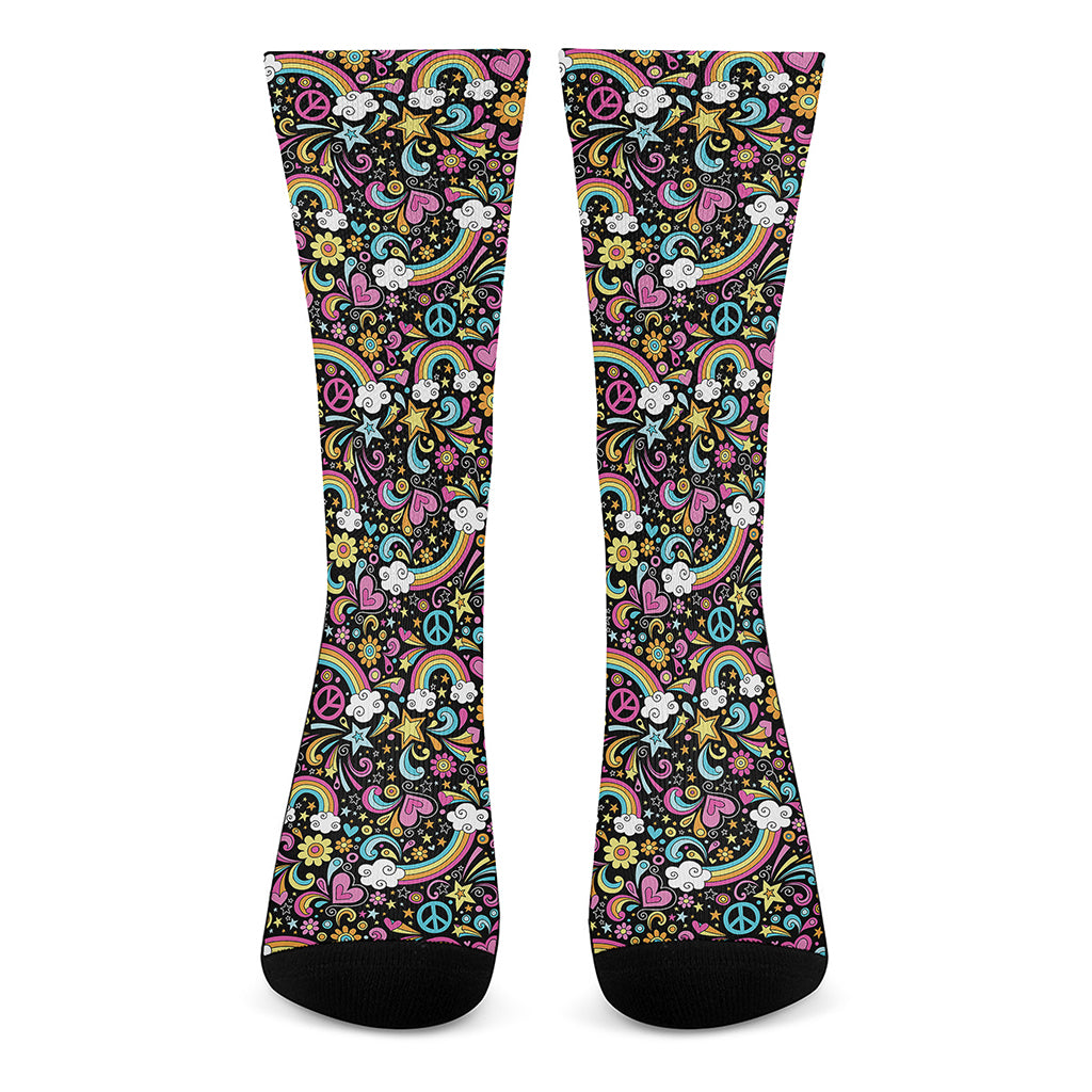 Groovy Hippie Peace Pattern Print Crew Socks