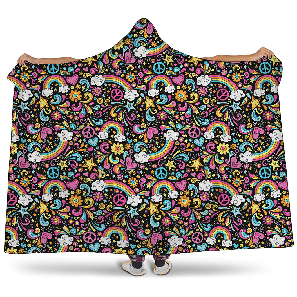 Groovy Hippie Peace Pattern Print Hooded Blanket