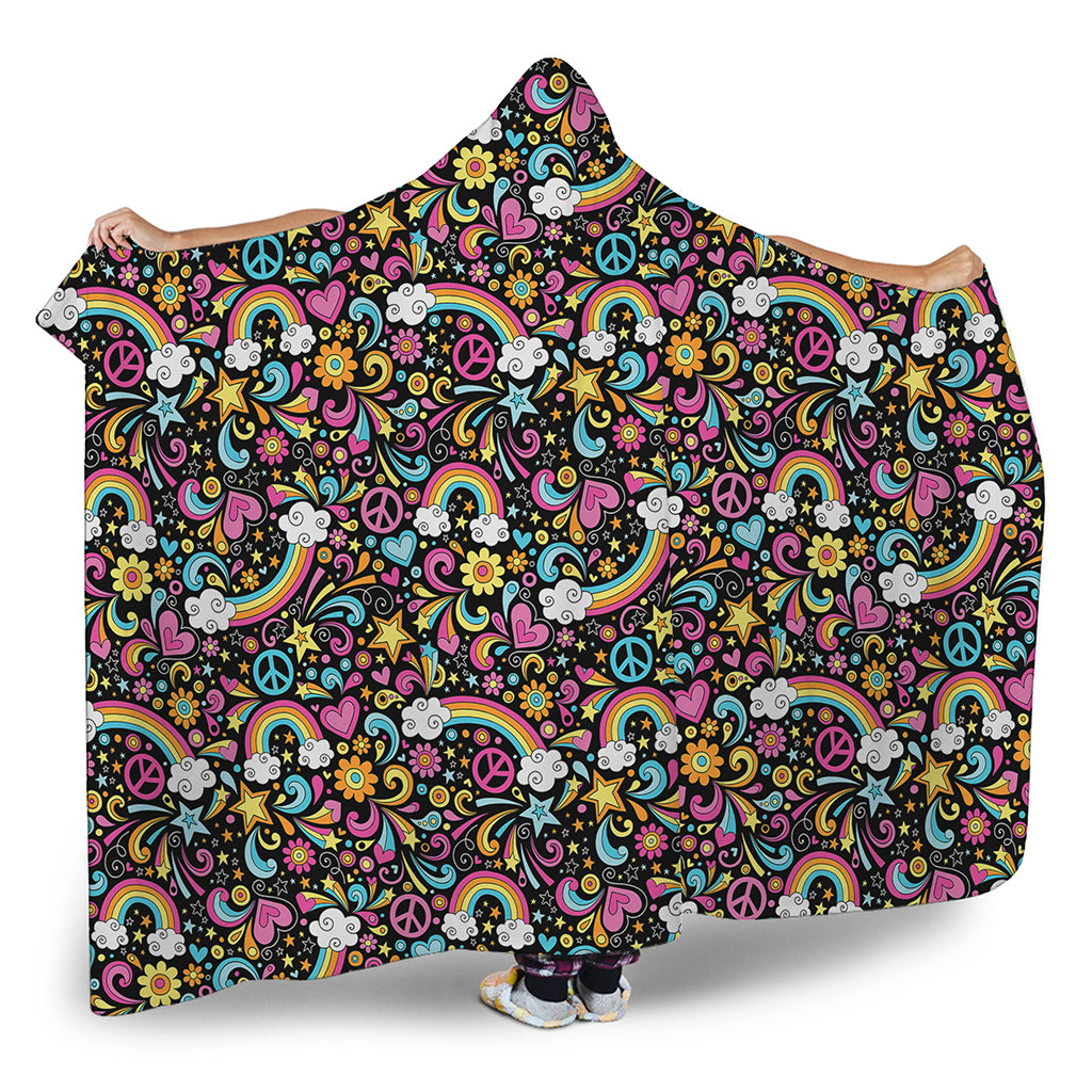 Groovy Hippie Peace Pattern Print Hooded Blanket