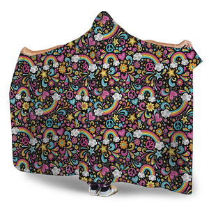 Groovy Hippie Peace Pattern Print Hooded Blanket