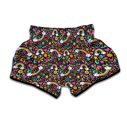 Groovy Hippie Peace Pattern Print Muay Thai Boxing Shorts