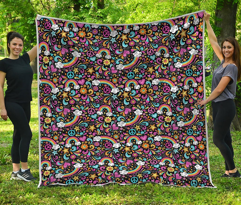 Groovy Hippie Peace Pattern Print Quilt