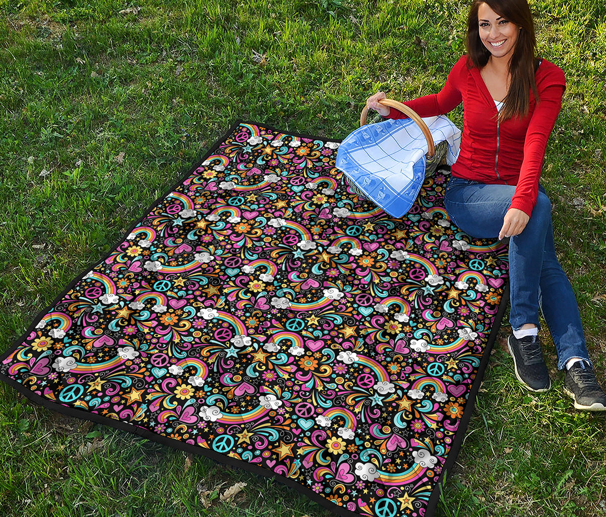 Groovy Hippie Peace Pattern Print Quilt