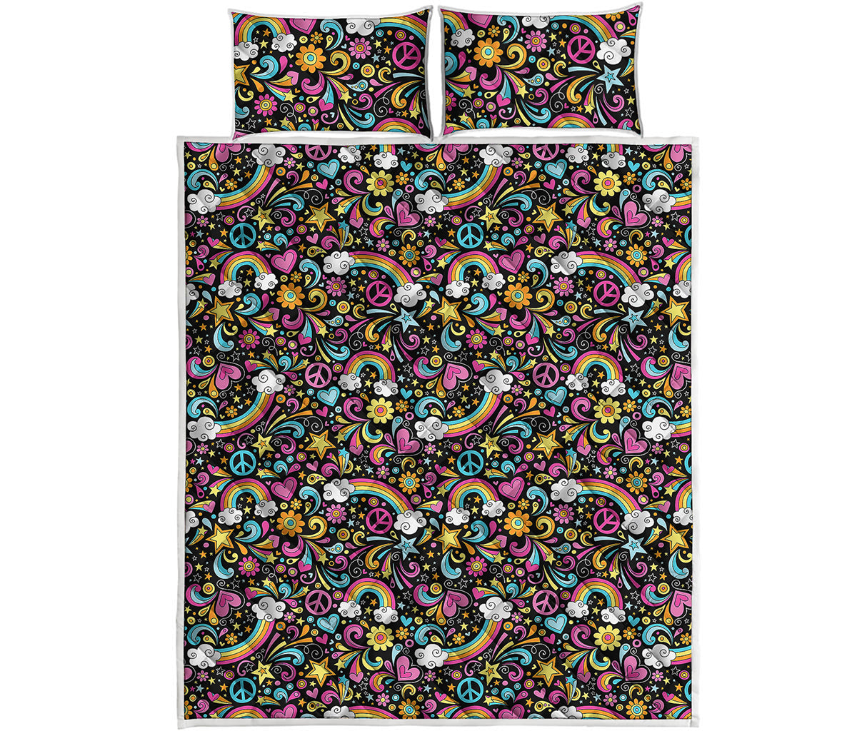 Groovy Hippie Peace Pattern Print Quilt Bed Set