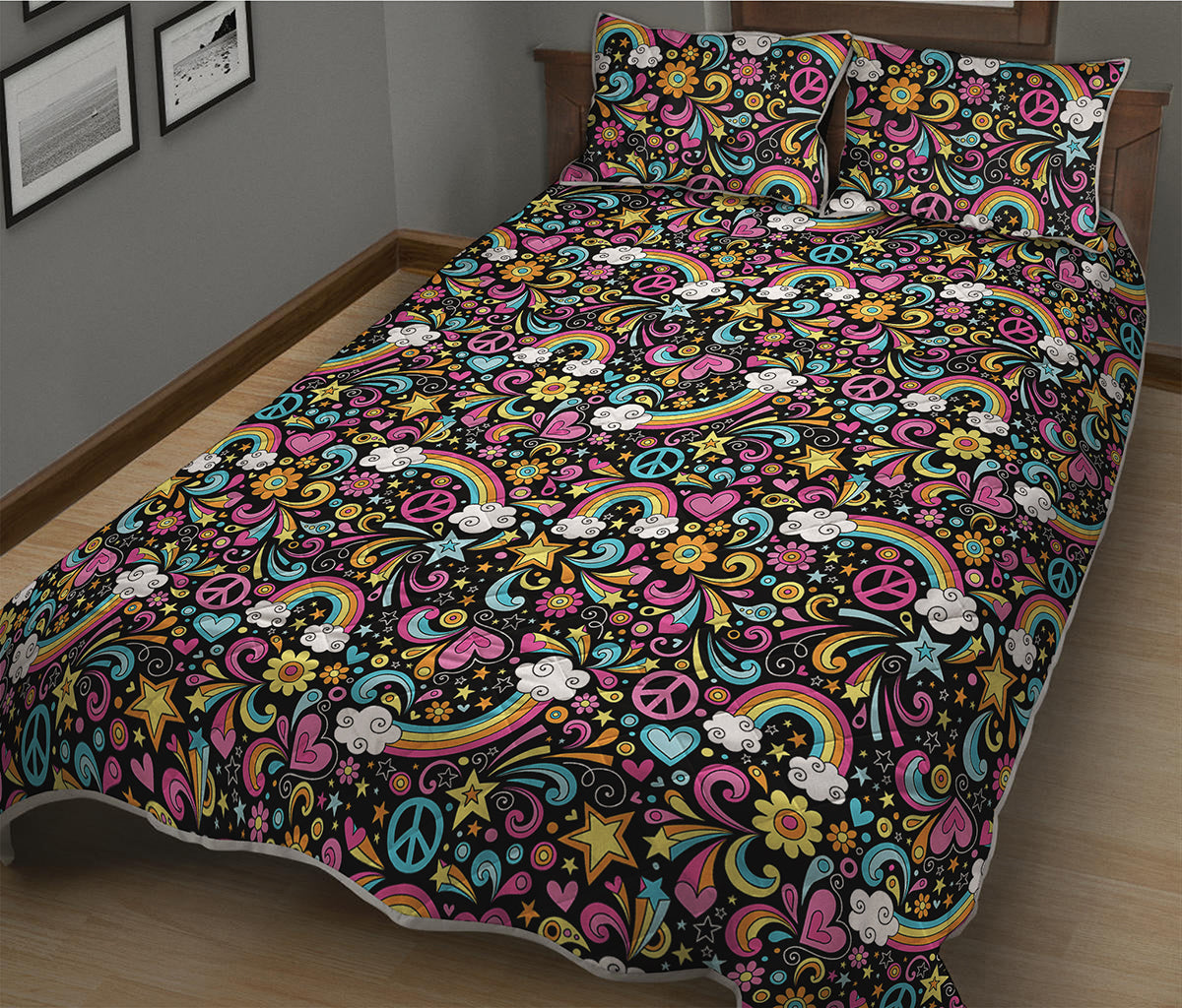 Groovy Hippie Peace Pattern Print Quilt Bed Set