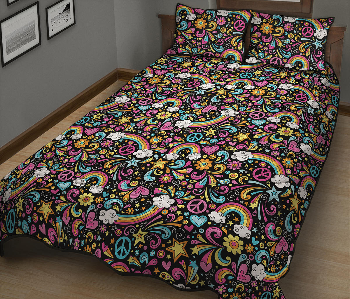 Groovy Hippie Peace Pattern Print Quilt Bed Set