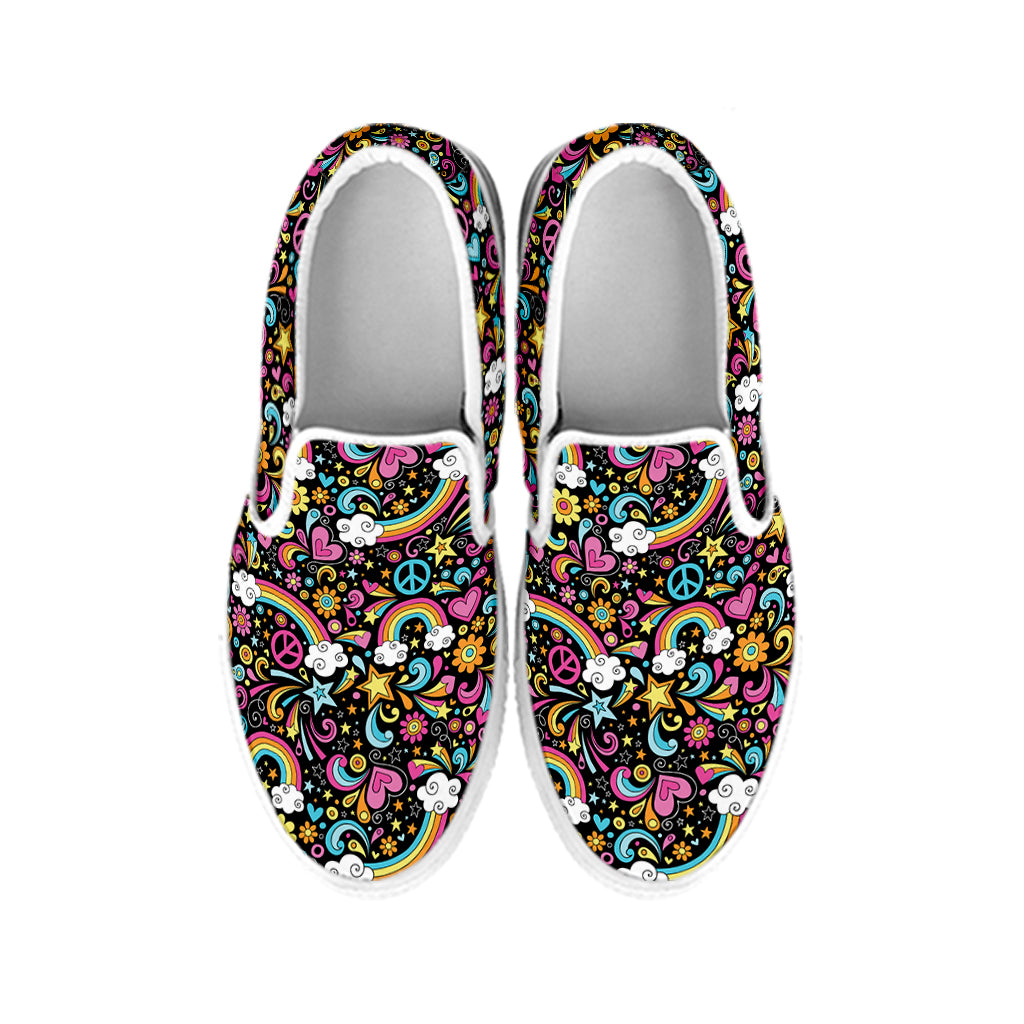 Groovy Hippie Peace Pattern Print White Slip On Shoes
