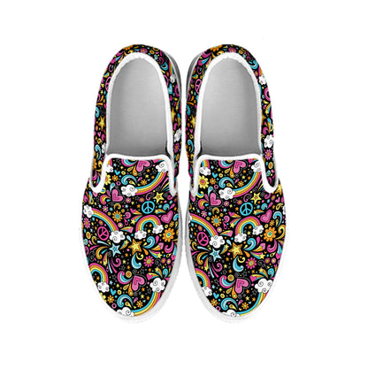 Groovy Hippie Peace Pattern Print White Slip On Shoes