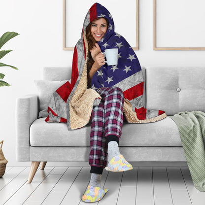 Grunge American Flag Patriotic Hooded Blanket GearFrost