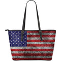 Grunge American Flag Patriotic Leather Tote Bag With Zipper
