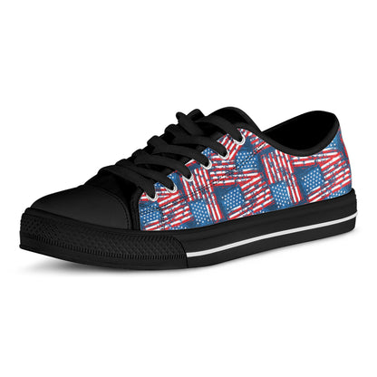 Grunge American Flag Pattern Print Black Low Top Shoes