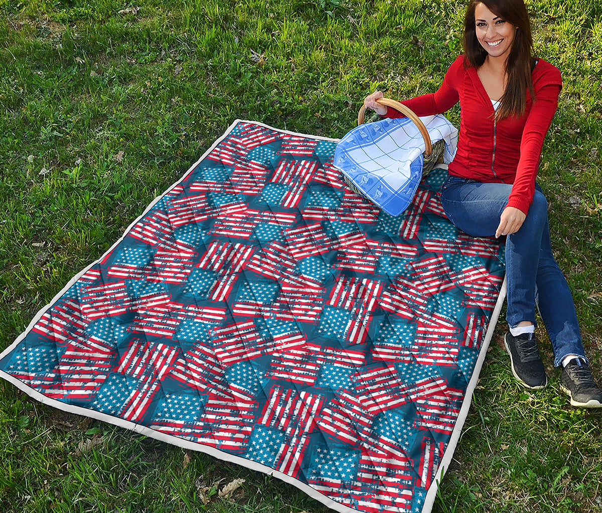 Grunge American Flag Pattern Print Quilt