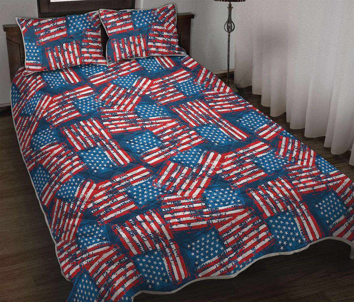 Grunge American Flag Pattern Print Quilt Bed Set