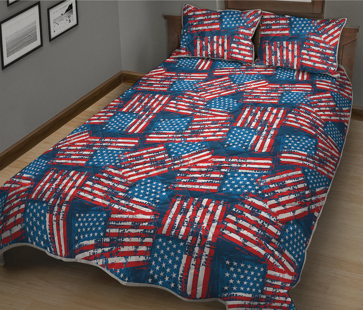 Grunge American Flag Pattern Print Quilt Bed Set