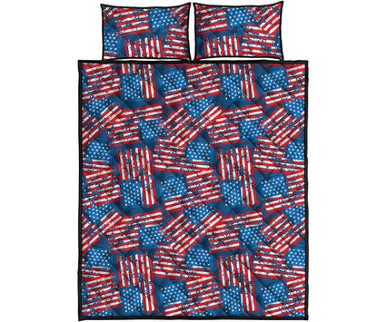 Grunge American Flag Pattern Print Quilt Bed Set