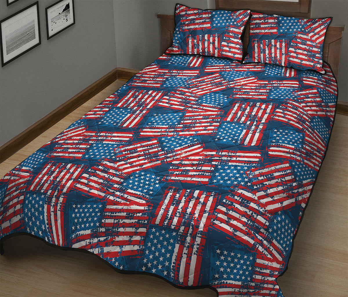 Grunge American Flag Pattern Print Quilt Bed Set
