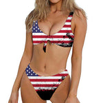 Grunge American Flag Print Front Bow Tie Bikini