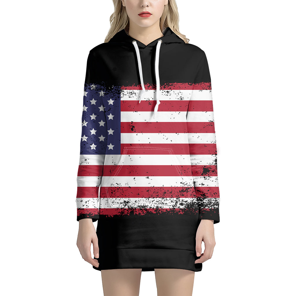 Grunge American Flag Print Pullover Hoodie Dress