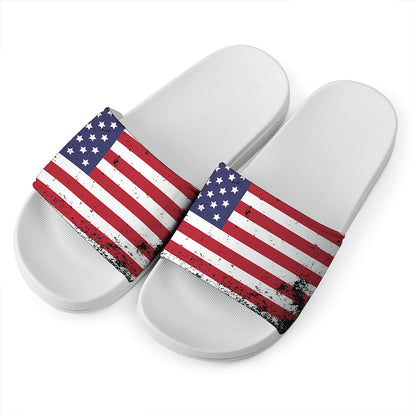 Grunge American Flag Print White Slide Sandals
