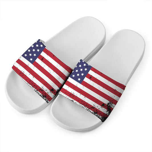 Grunge American Flag Print White Slide Sandals