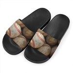 Grunge Baseballs Print Black Slide Sandals