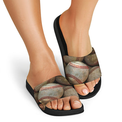 Grunge Baseballs Print Black Slide Sandals