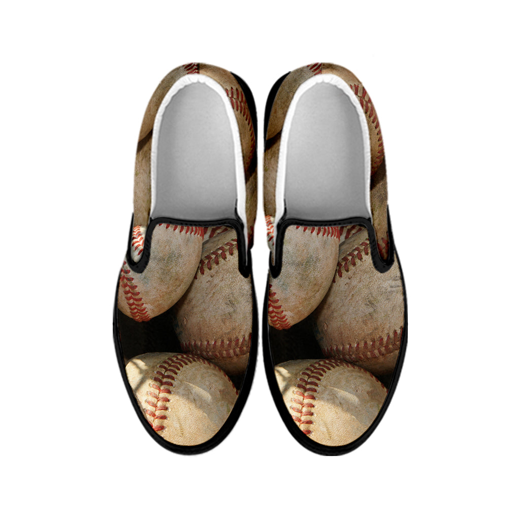 Grunge Baseballs Print Black Slip On Shoes