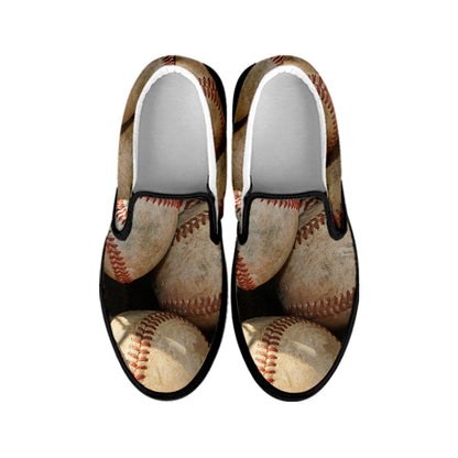 Grunge Baseballs Print Black Slip On Shoes