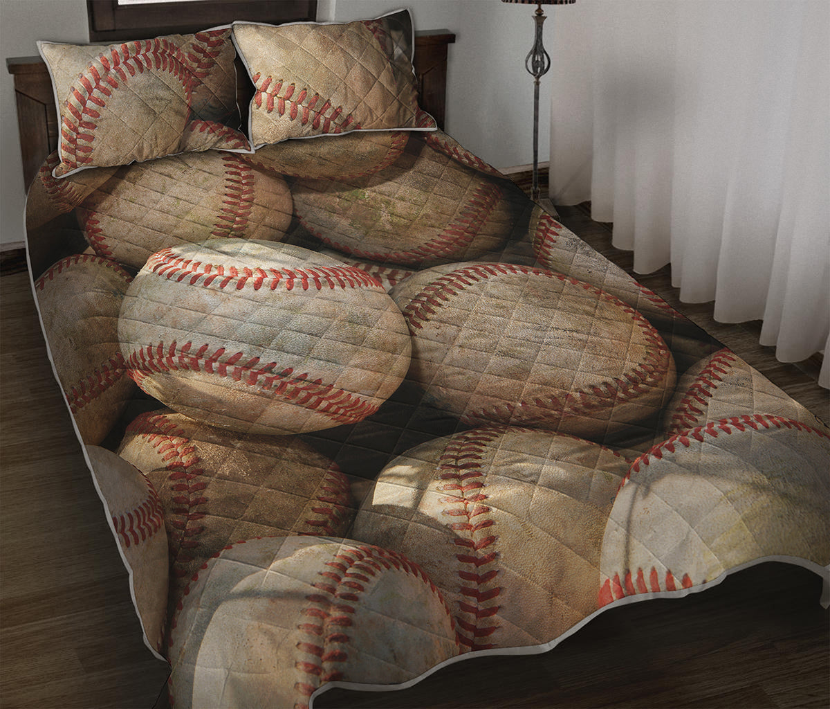 Grunge Baseballs Print Quilt Bed Set