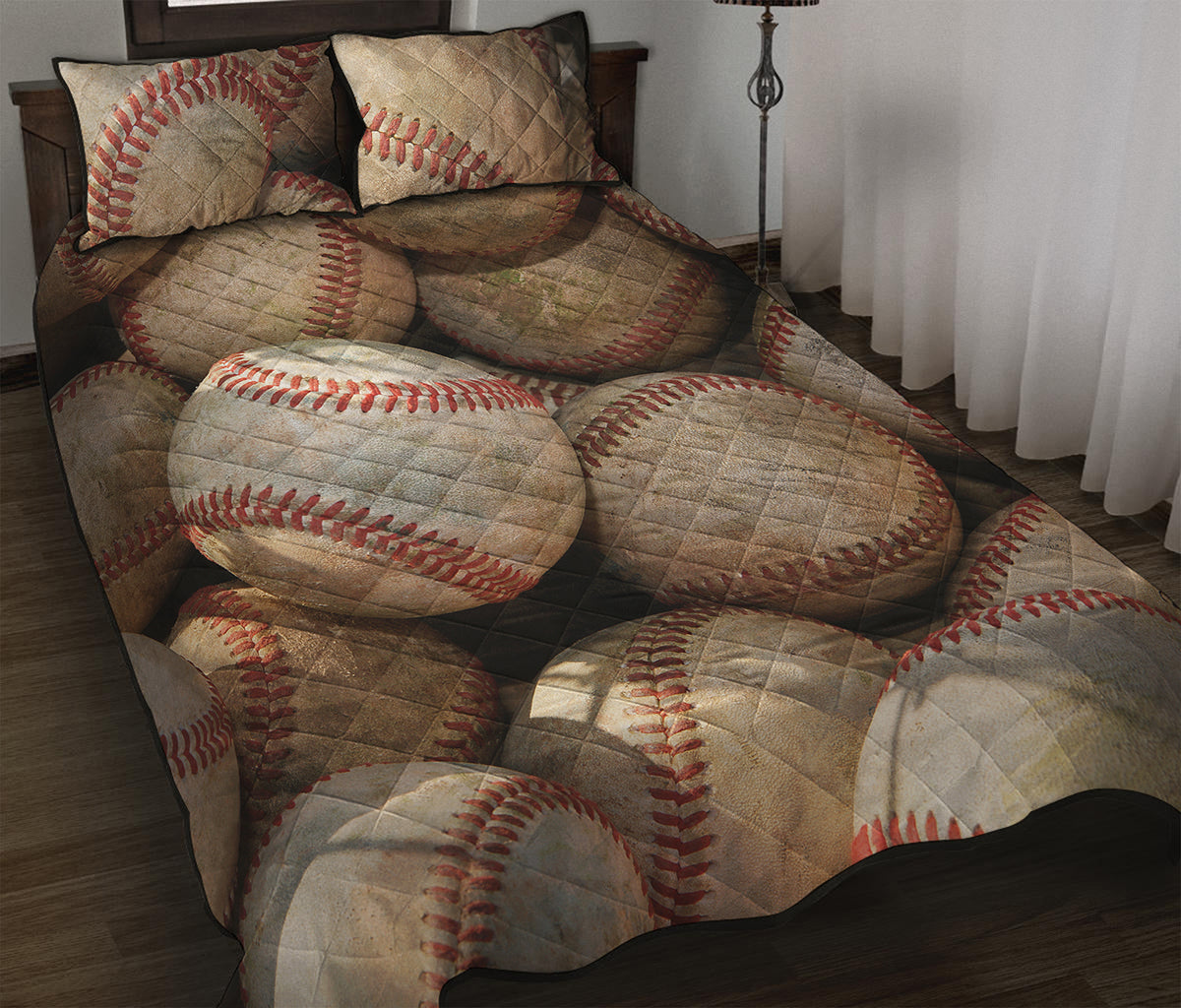Grunge Baseballs Print Quilt Bed Set