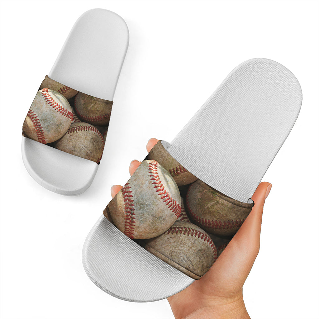 Grunge Baseballs Print White Slide Sandals