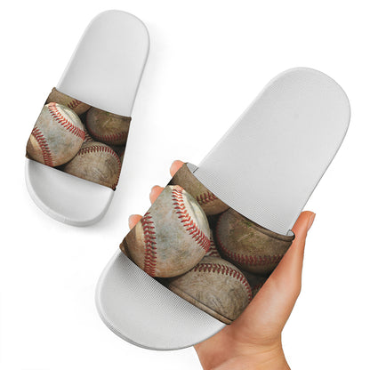 Grunge Baseballs Print White Slide Sandals