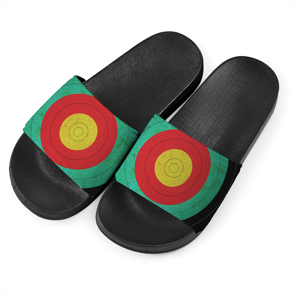 Grunge Bullseye Target Print Black Slide Sandals