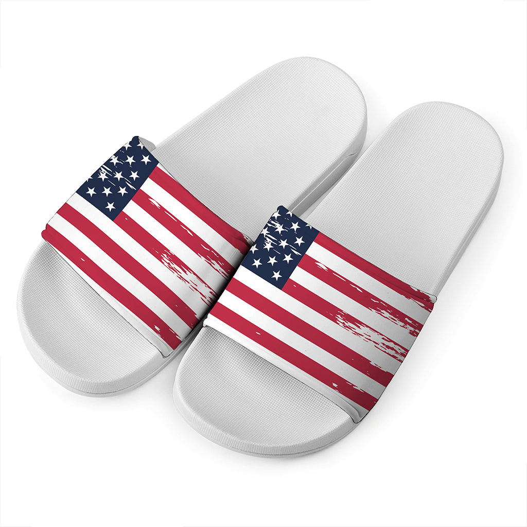 Grunge Flag Of USA Print White Slide Sandals